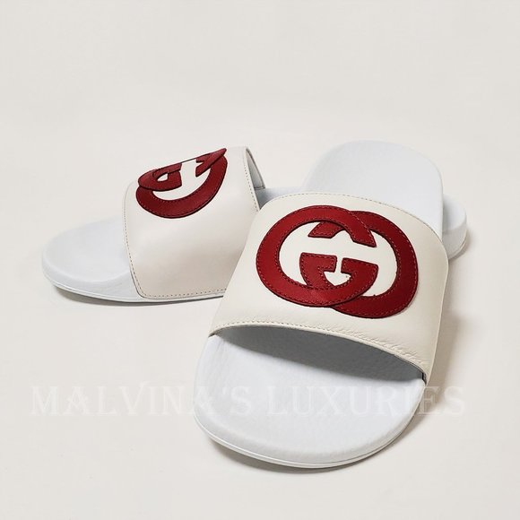 GUCCI SHOES WHITE LEATHER SLIDES INTERLOCKING G LOGO FLIP FLOPS sz IT 39 US 9 - Picture 5 of 16